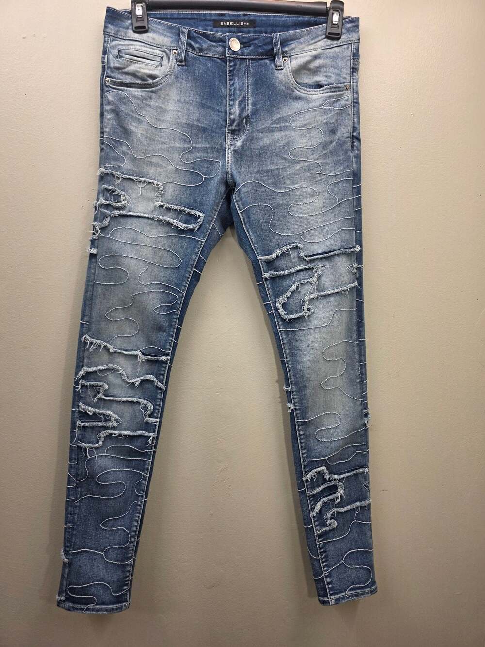 Embellish NYC Men's Distressed Slim Fit Jeans with Stitched Wave Detailing